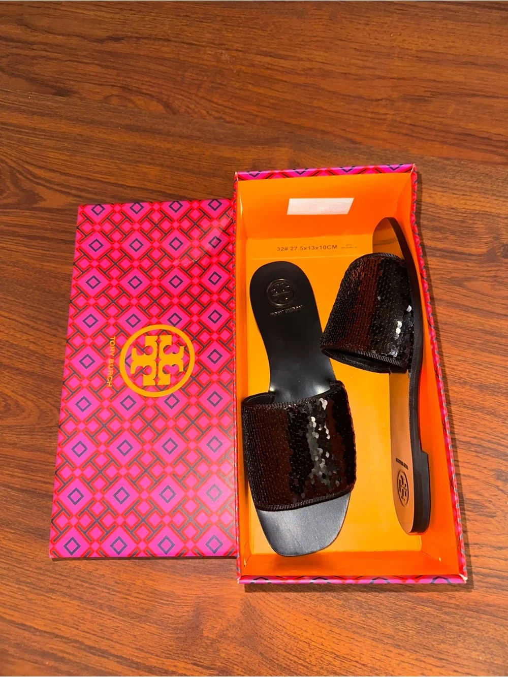 Tory Burch Black Sequin Slide Sandals